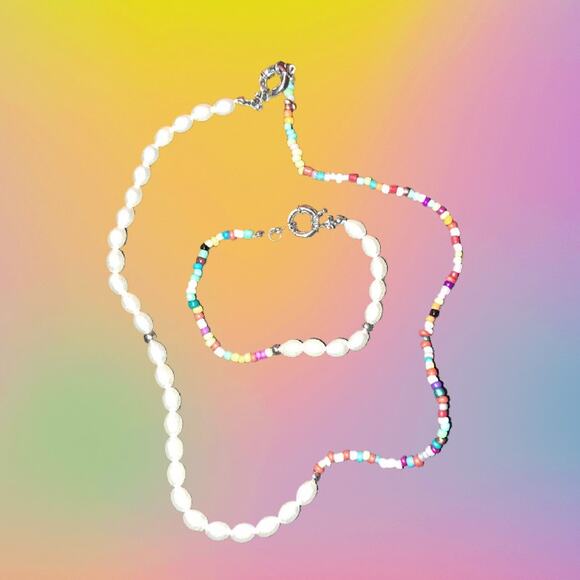 Bohemian Colorful Beaded Beach Necklace & Bracelet Set With Silver Clasp - Picture 5 of 8